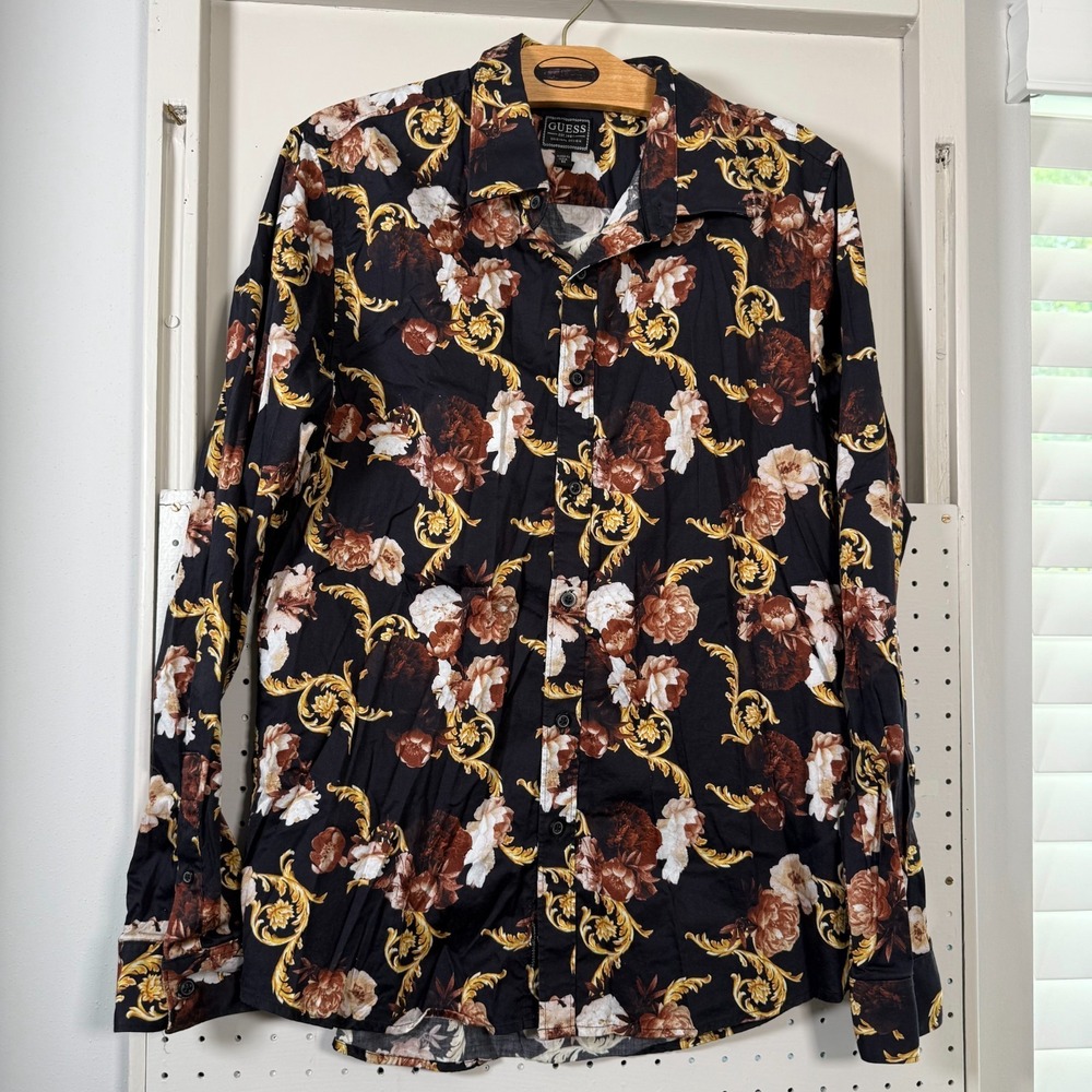 Guess Eco Rayon Slim Fit Shirt Men's Black‎ Floral Long Sleeve Casual - Medium